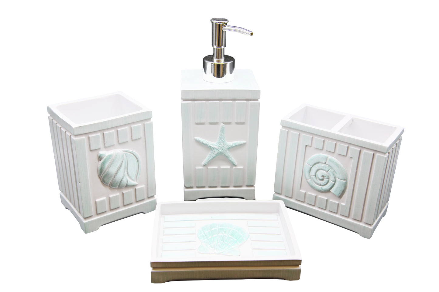 Modern Luxury Décor Bath Accessory Ensemble Bathroom Lotion Dispenser Toothbrush Holder Tumbler Soap Dish, Marina Green Beach