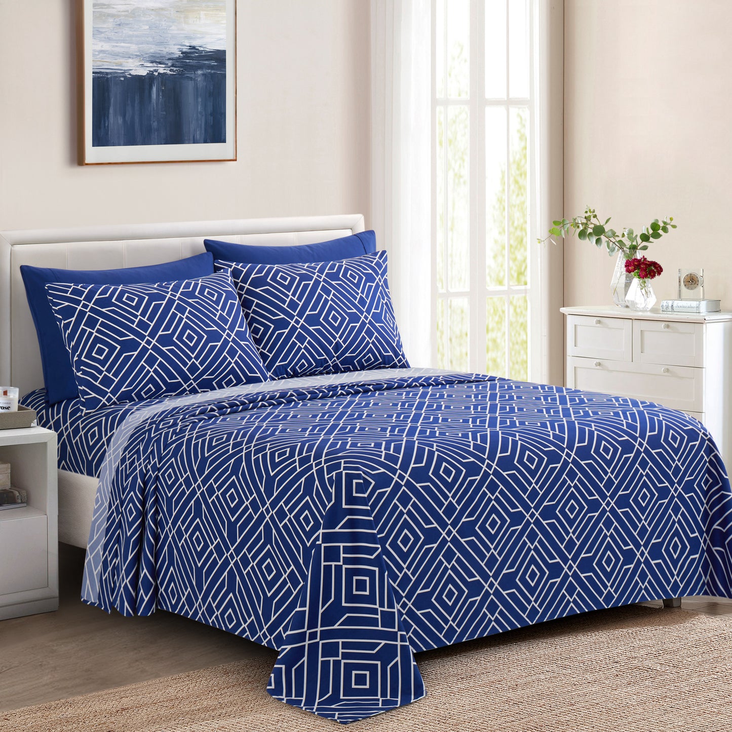 Printed Rayon from Bamboo Soft Deep Pocket Bedding All Season Sheet Set, Blue Geometric