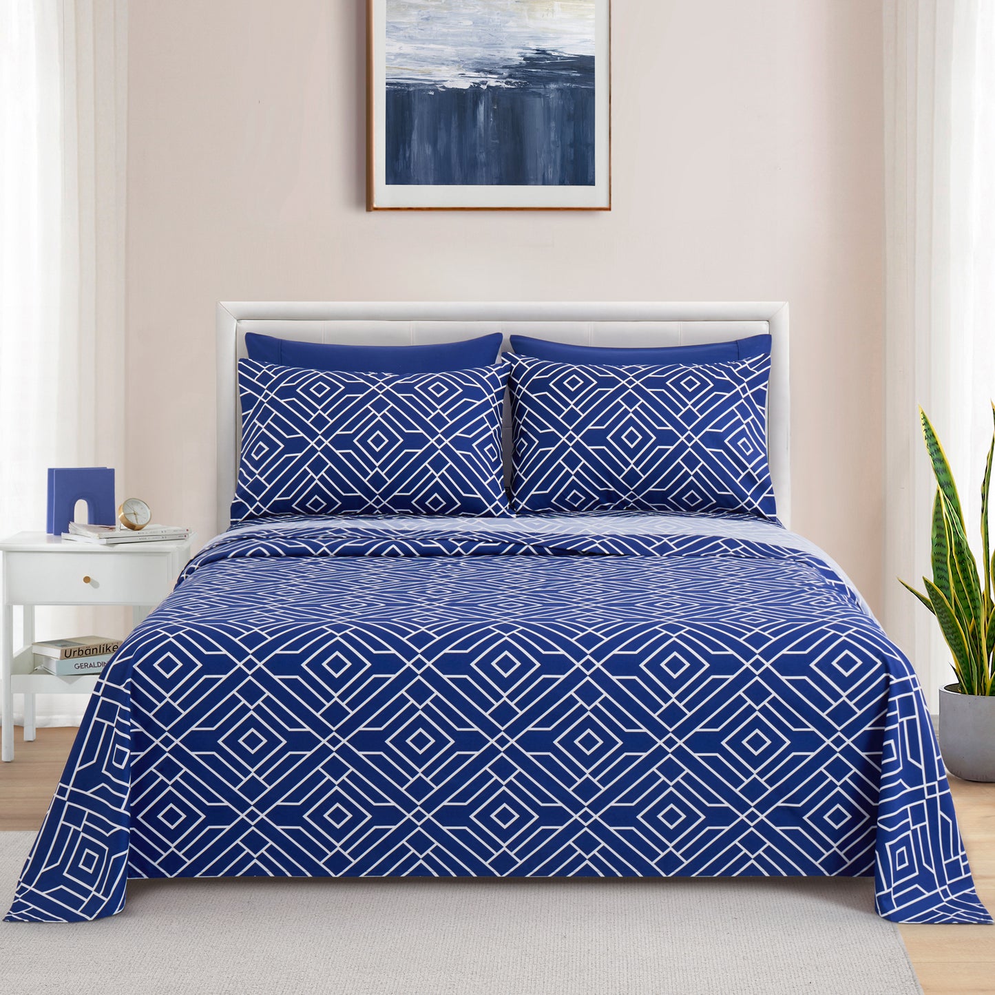 Printed Rayon from Bamboo Soft Deep Pocket Bedding All Season Sheet Set, Blue Geometric