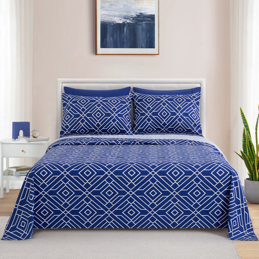 Printed Rayon from Bamboo Soft Deep Pocket Bedding All Season Sheet Set, Blue Geometric