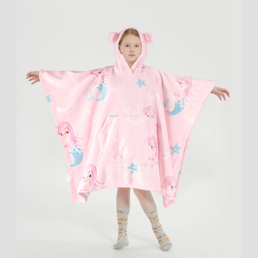 Glow in the Dark Kids Wearable Hoodie Blanket for Girls Soft Warm Flannel Fleece Hooded Sweatshirt, 110 x 75 cm Pink Mermaid