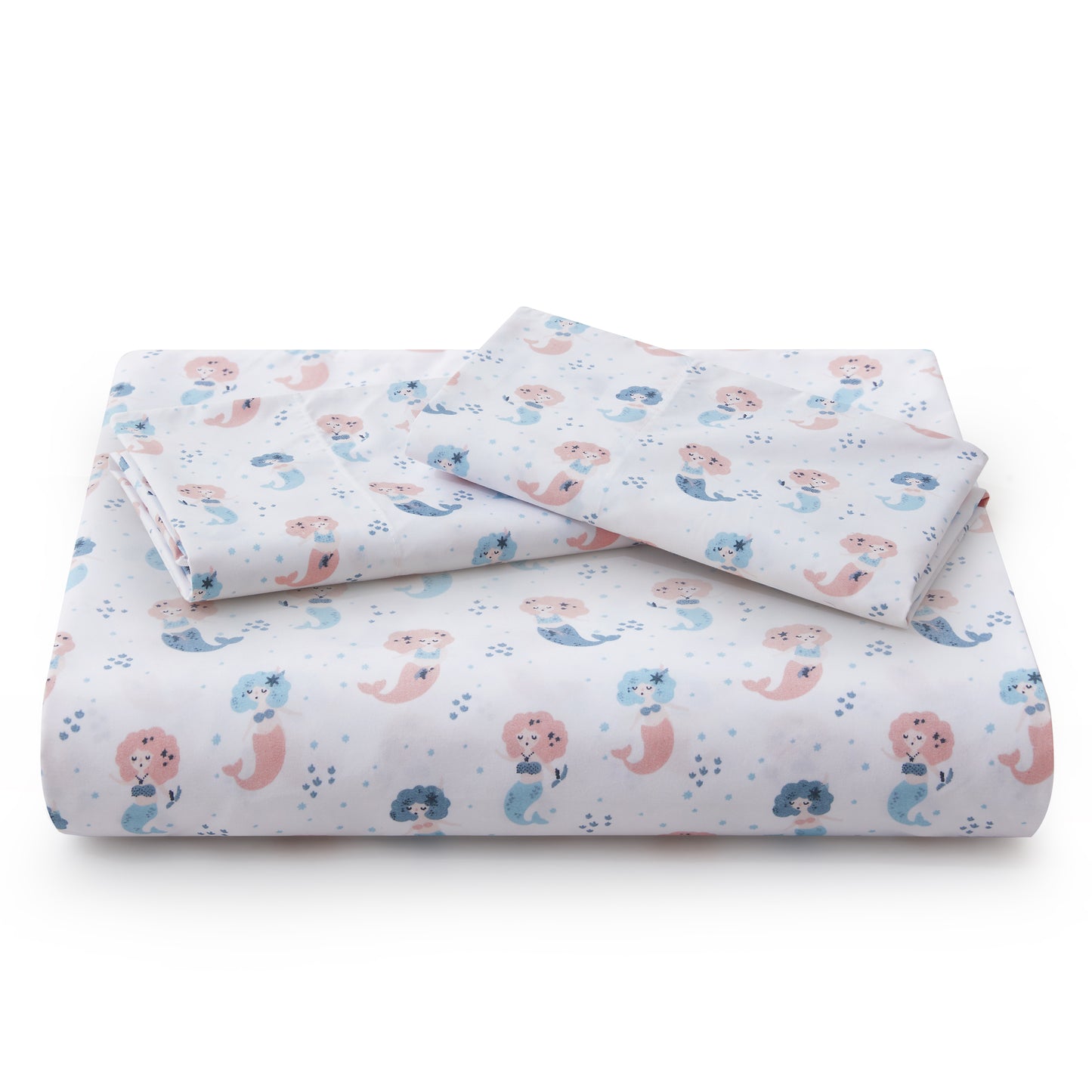 Kids Girls Printed 600 Thread Count Soft Cotton Percale Duvet Cover Fitted Sheet Ensemble Bedding Set, Mermaid Pattern