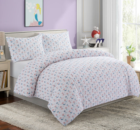 Kids Girls Printed 600 Thread Count Soft Cotton Percale Duvet Cover Fitted Sheet Ensemble Bedding Set, Mermaid Pattern