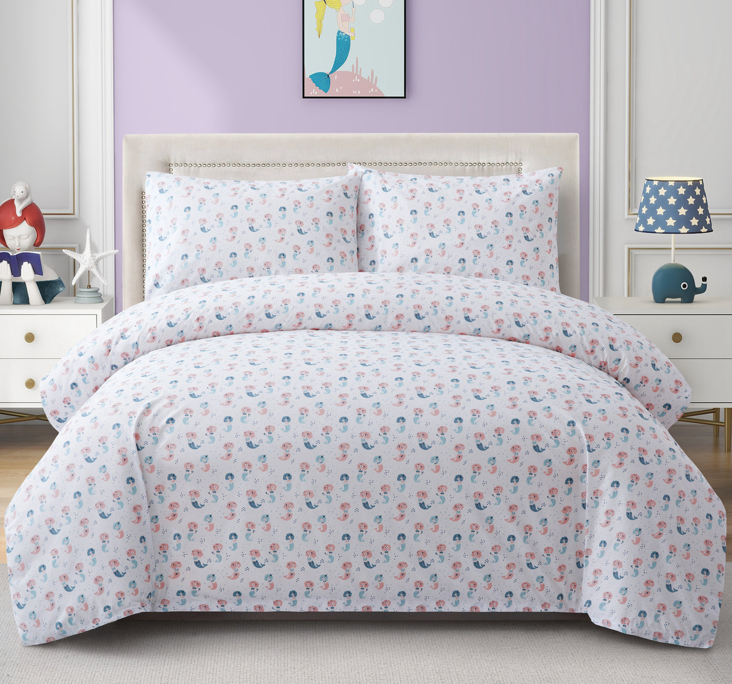 Kids Girls Printed 600 Thread Count Soft Cotton Percale Duvet Cover Fitted Sheet Ensemble Bedding Set, Mermaid Pattern