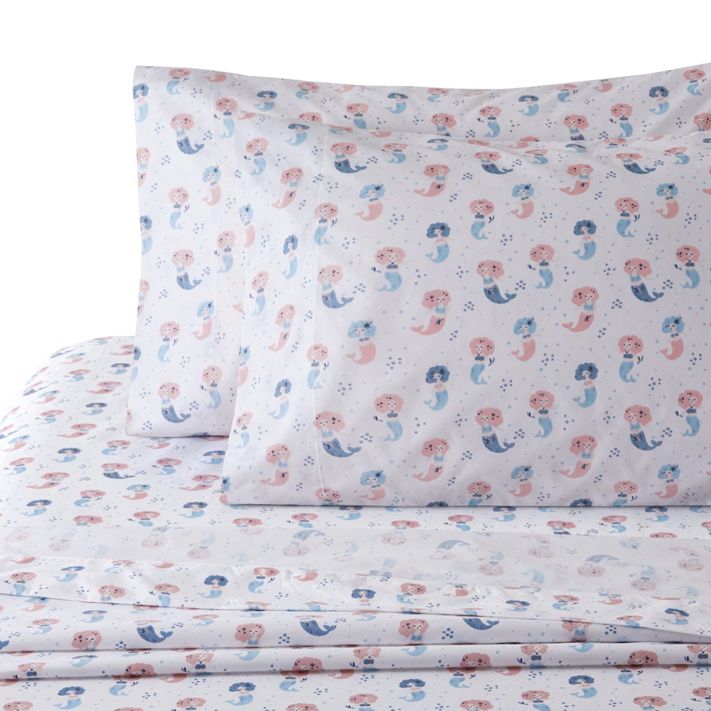 Kids Girls Printed 600 Thread Count Soft Cotton Percale Duvet Cover Fitted Sheet Ensemble Bedding Set, Mermaid Pattern