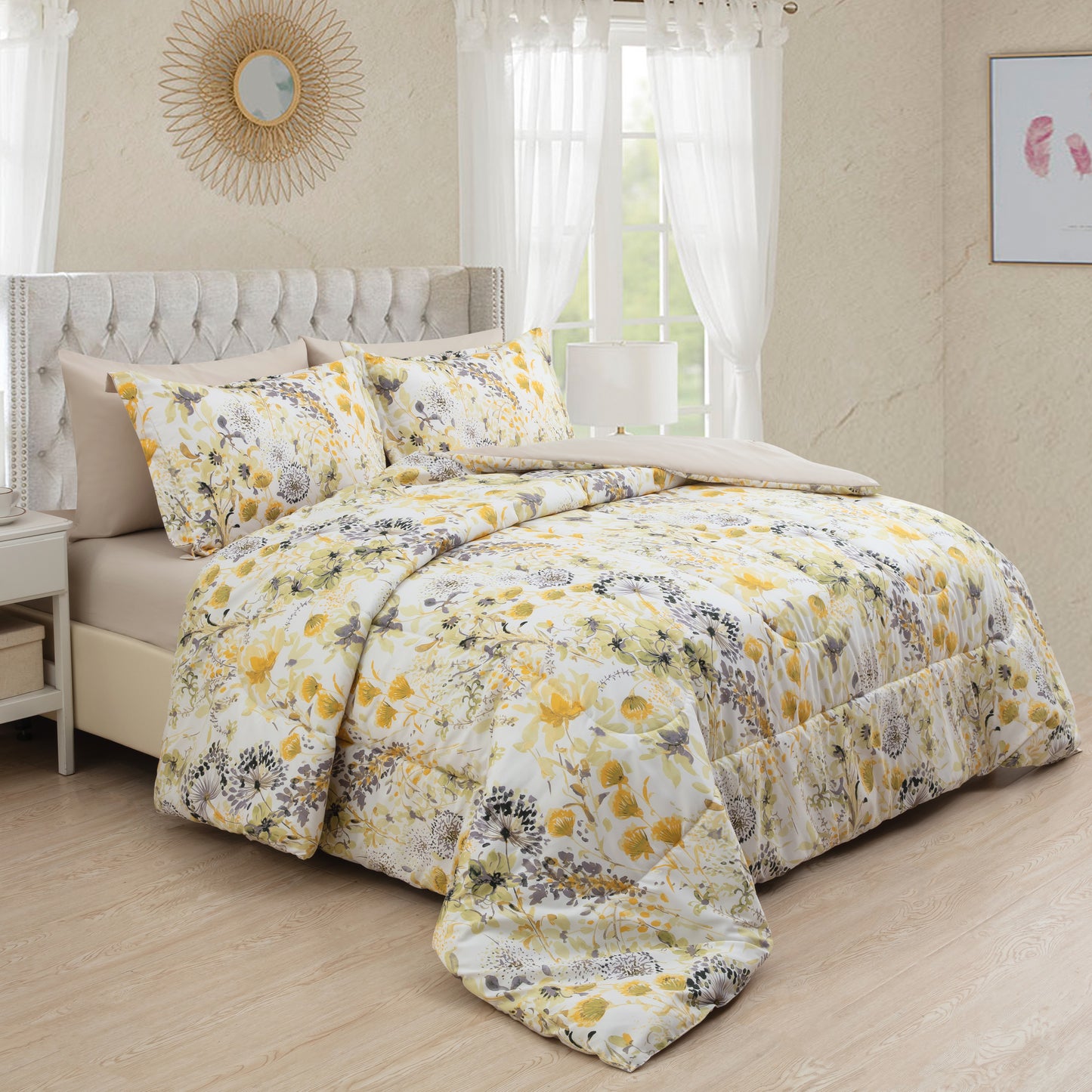 Printed Bed in a Bag Soft Luxury Fluffy Goose Down Alternative Comforter and Sheet Set, Modern Hydrangea Floral Pattern