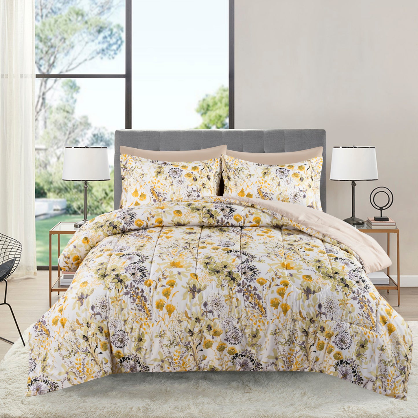 Printed Bed in a Bag Soft Luxury Fluffy Goose Down Alternative Comforter and Sheet Set, Modern Hydrangea Floral Pattern