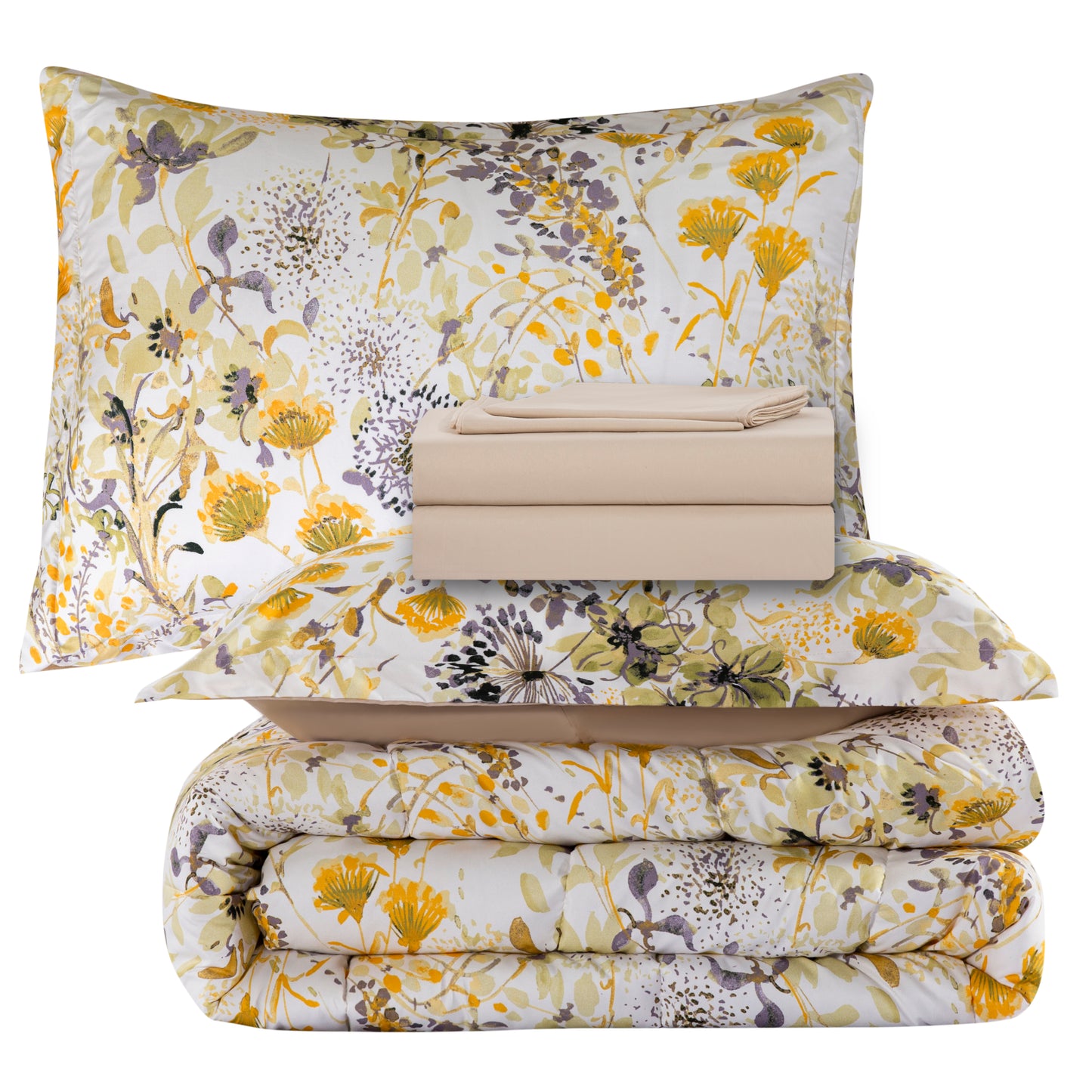 Printed Bed in a Bag Soft Luxury Fluffy Goose Down Alternative Comforter and Sheet Set, Modern Hydrangea Floral Pattern