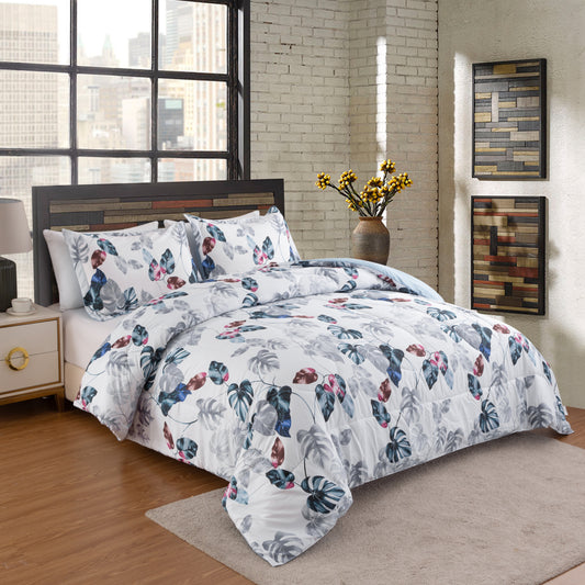 Home Decor Soft Luxury Fluffy Goose Down Alternative Bedding Printed Comforter Set, Modern Green Leaves