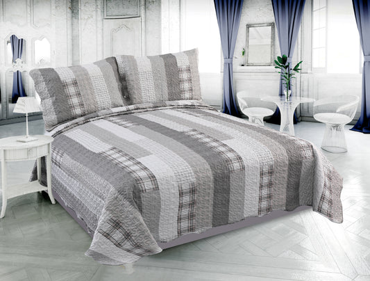 Printed Embossed Pinsonic Soft Bedding Summer Quilt Set, Modern Grey Striped