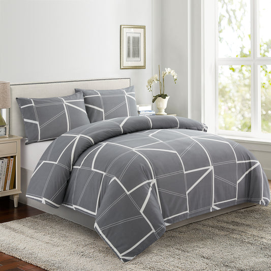 Printed Rayon from Bamboo Soft All Season Duvet Cover Fitted Sheet Ensemble Bedding Set with Zipper and Corner Tie, Grey Geometric