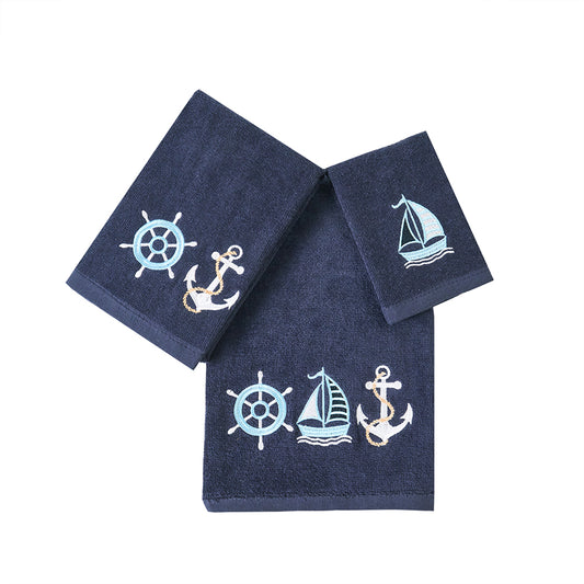 Premium Luxury Decor 100% Cotton Soft Bathroom Modern 3 Piece Embroidered Towel Set, Nautical Sailing with Navy Blue Base