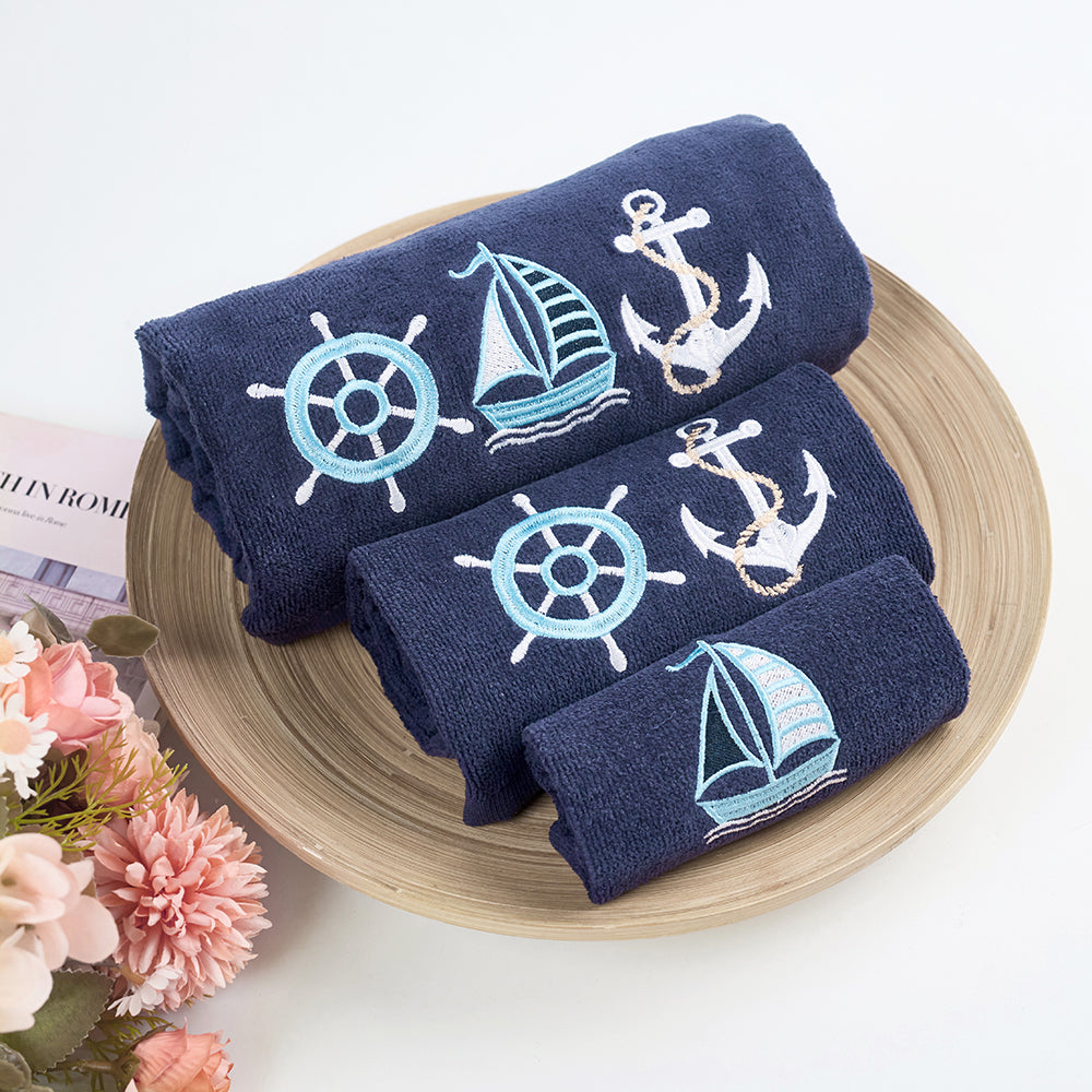 Premium Luxury Decor 100% Cotton Soft Bathroom Modern 3 Piece Embroidered Towel Set, Nautical Sailing with Navy Blue Base