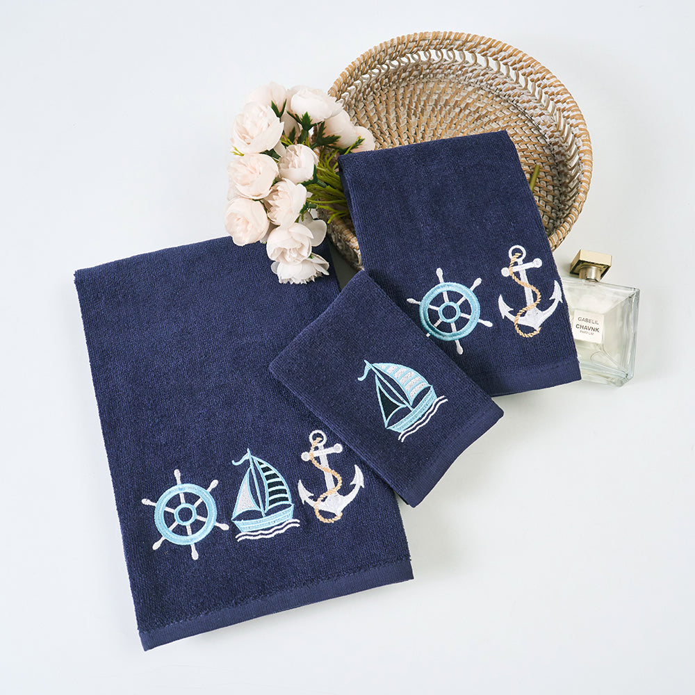 Premium Luxury Decor 100% Cotton Soft Bathroom Modern 3 Piece Embroidered Towel Set, Nautical Sailing with Navy Blue Base