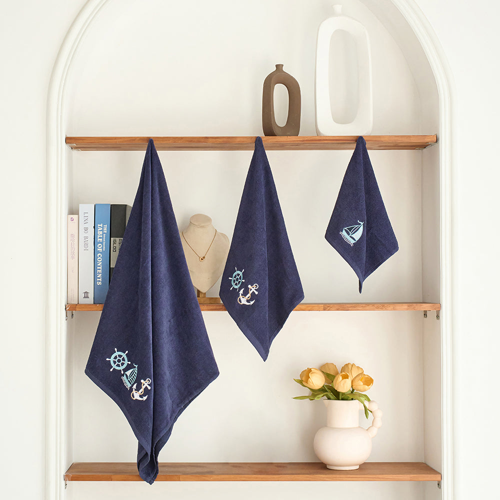 Premium Luxury Decor 100% Cotton Soft Bathroom Modern 3 Piece Embroidered Towel Set, Nautical Sailing with Navy Blue Base
