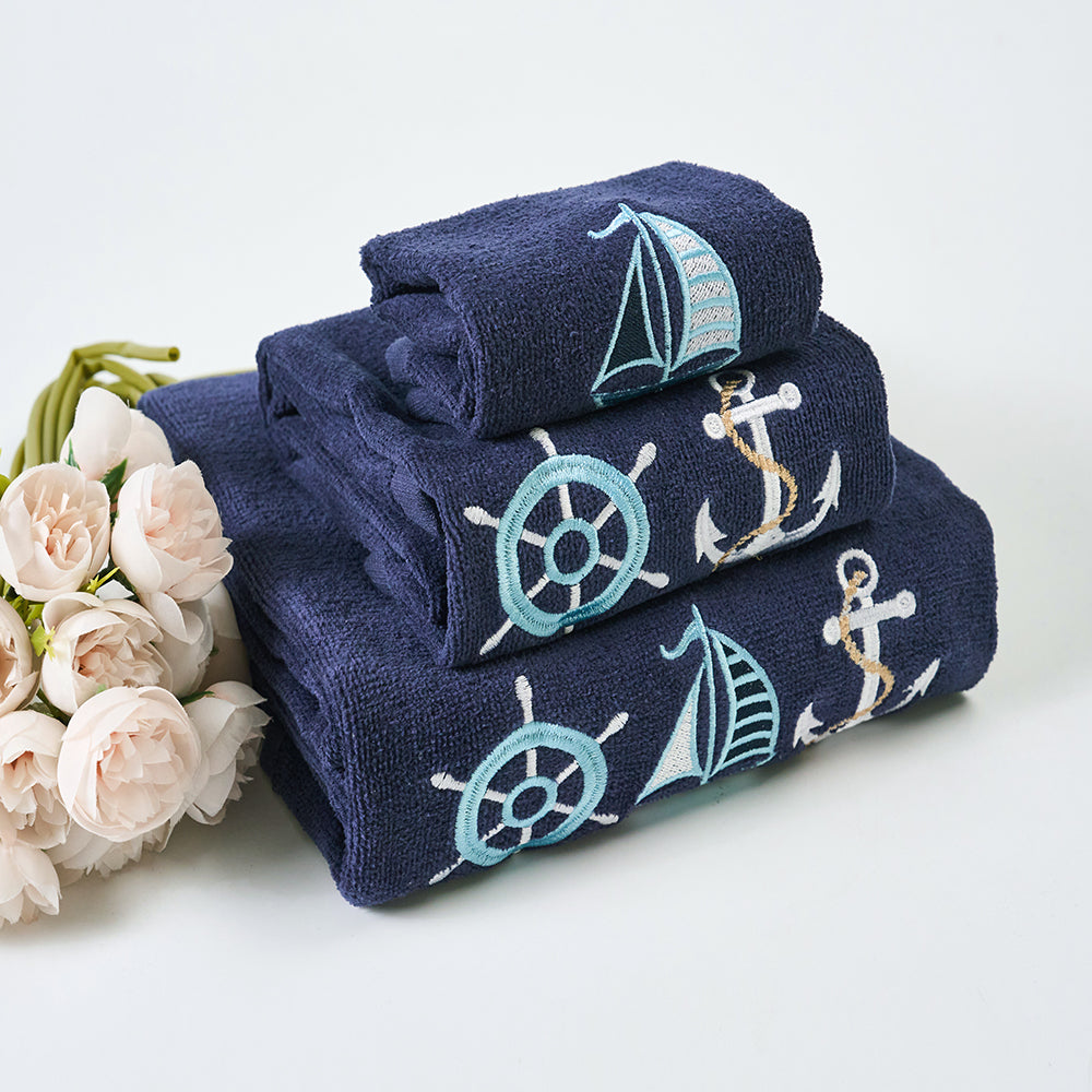 Premium Luxury Decor 100% Cotton Soft Bathroom Modern 3 Piece Embroidered Towel Set, Nautical Sailing with Navy Blue Base