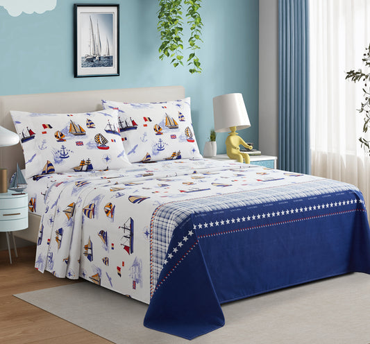 Kids Boys Toddlers Printed 600 Thread Count Soft Deep Pocket Cotton Percale All Season Bedding Sheet Set, Nautical Sailing Boat