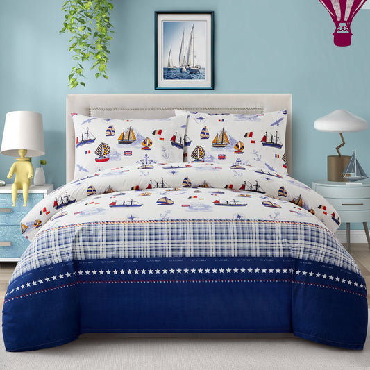 Kids Boys Printed 600 Thread Count Soft Cotton Percale Duvet Cover Fitted Sheet Ensemble Bedding Set, Nautical Sailing Boat Pattern