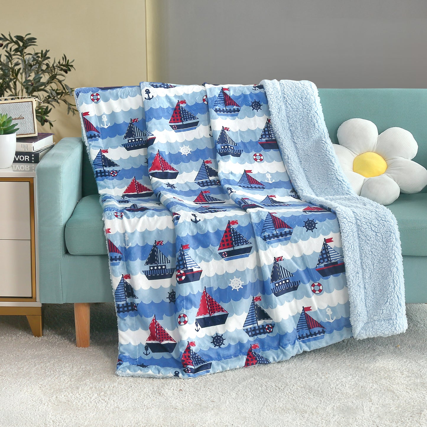 Kid Printed Fluffy Plush Soft Warm Flannel Fleece Children Throw Sherpa Kids Blanket, 40" x 50" Nautical Sailing Boat