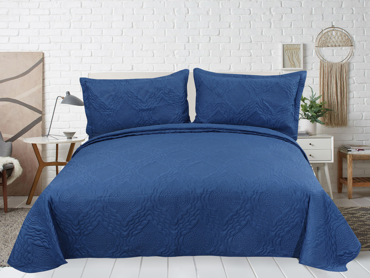 Embossed Pinsonic Solid Bedding Soft Summer Quilt Set, Navy Blue Color