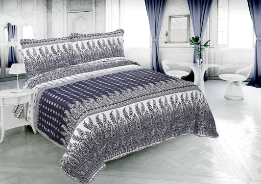 Printed Embossed Pinsonic Soft Bedding Summer Quilt Set, Navy Branches Paisley