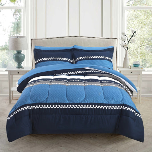 Printed Bed in a Bag Soft Luxury Fluffy Goose Down Alternative Comforter and Sheet Set, Navy Geometric Stripes Pattern