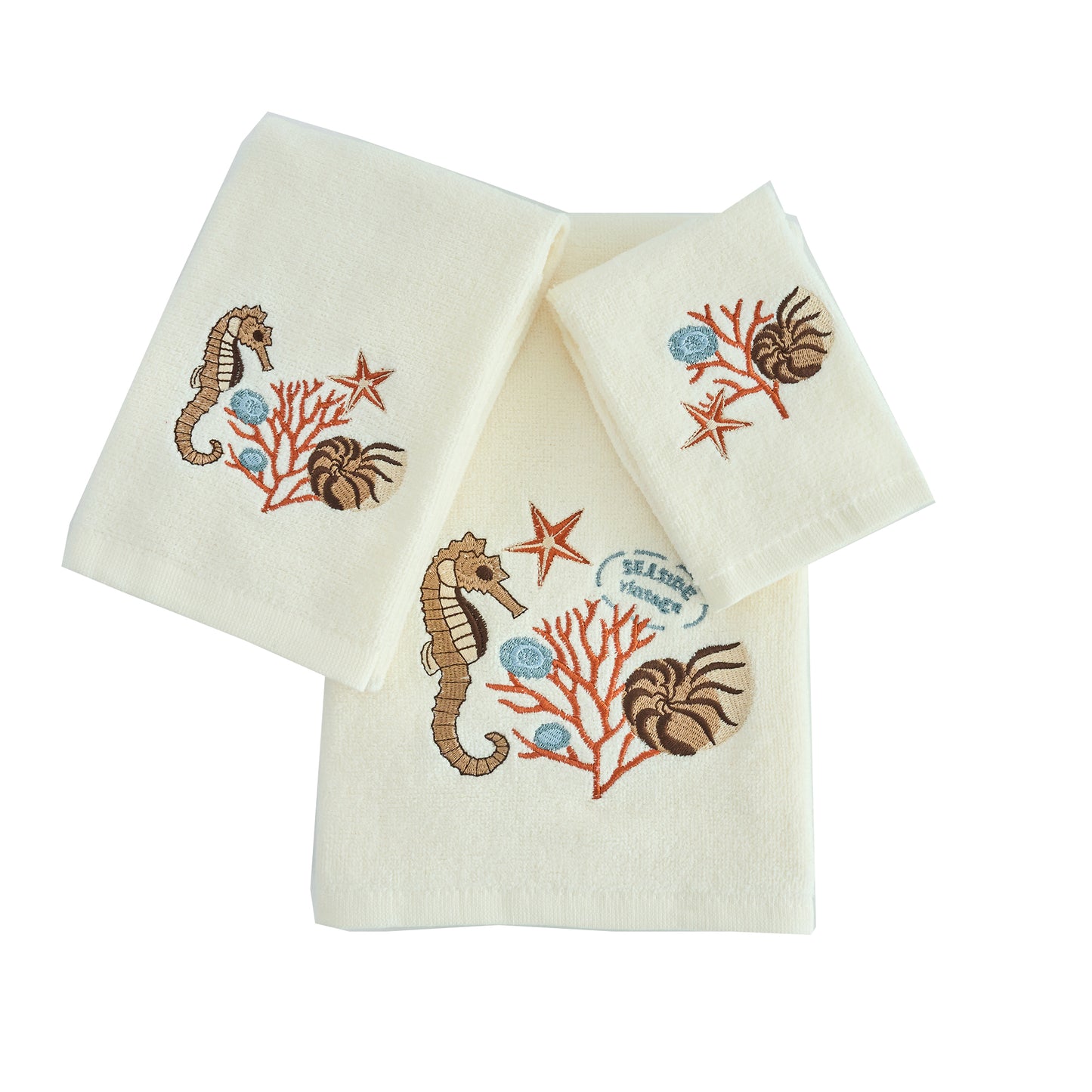 Premium Luxury Decor 100% Cotton Soft Bathroom Modern Embroidered 3 Piece Towel Set, Ocean Life Pattern