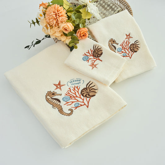 Premium Luxury Decor 100% Cotton Soft Bathroom Modern Embroidered 3 Piece Towel Set, Ocean Life Pattern