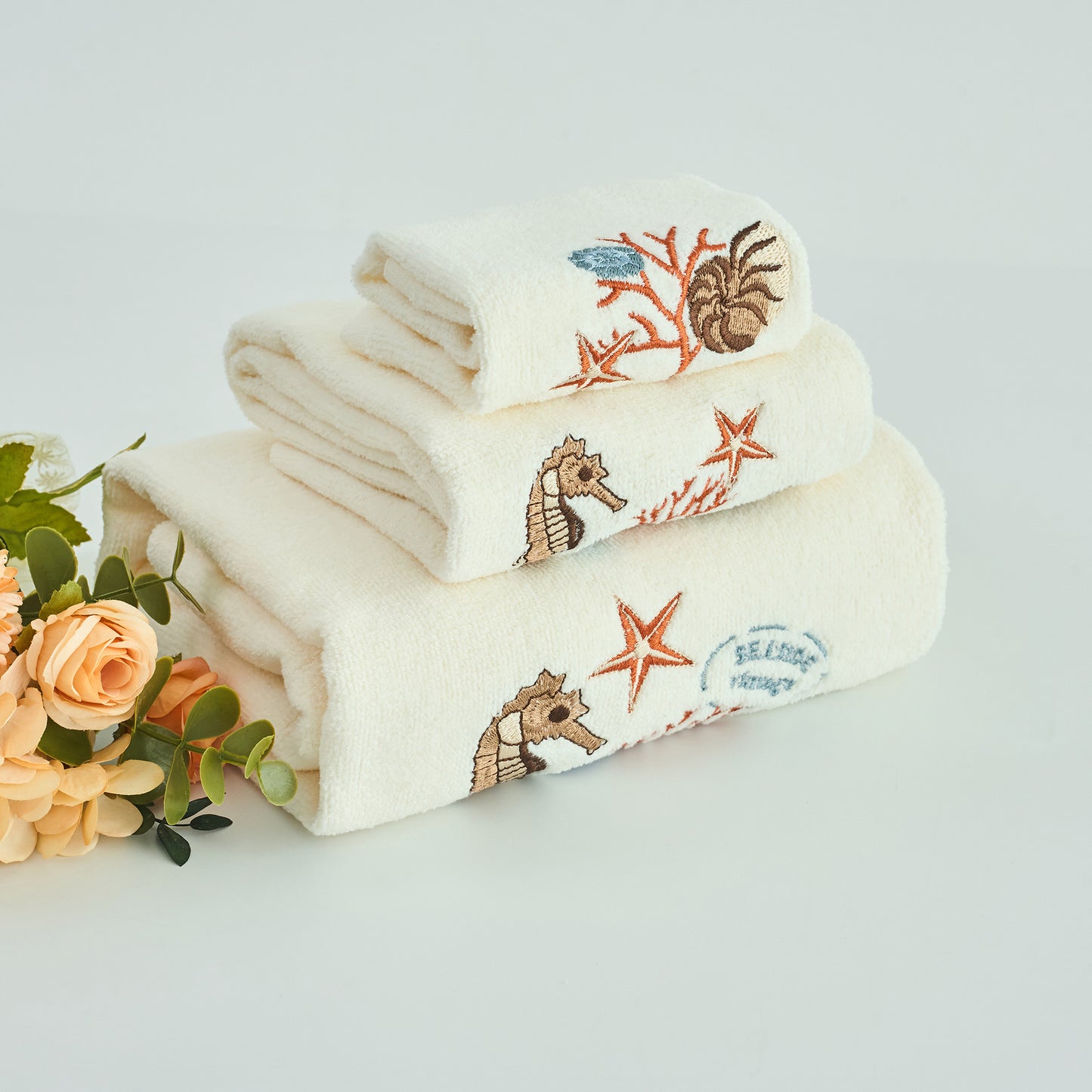 Premium Luxury Decor 100% Cotton Soft Bathroom Modern Embroidered 3 Piece Towel Set, Ocean Life Pattern