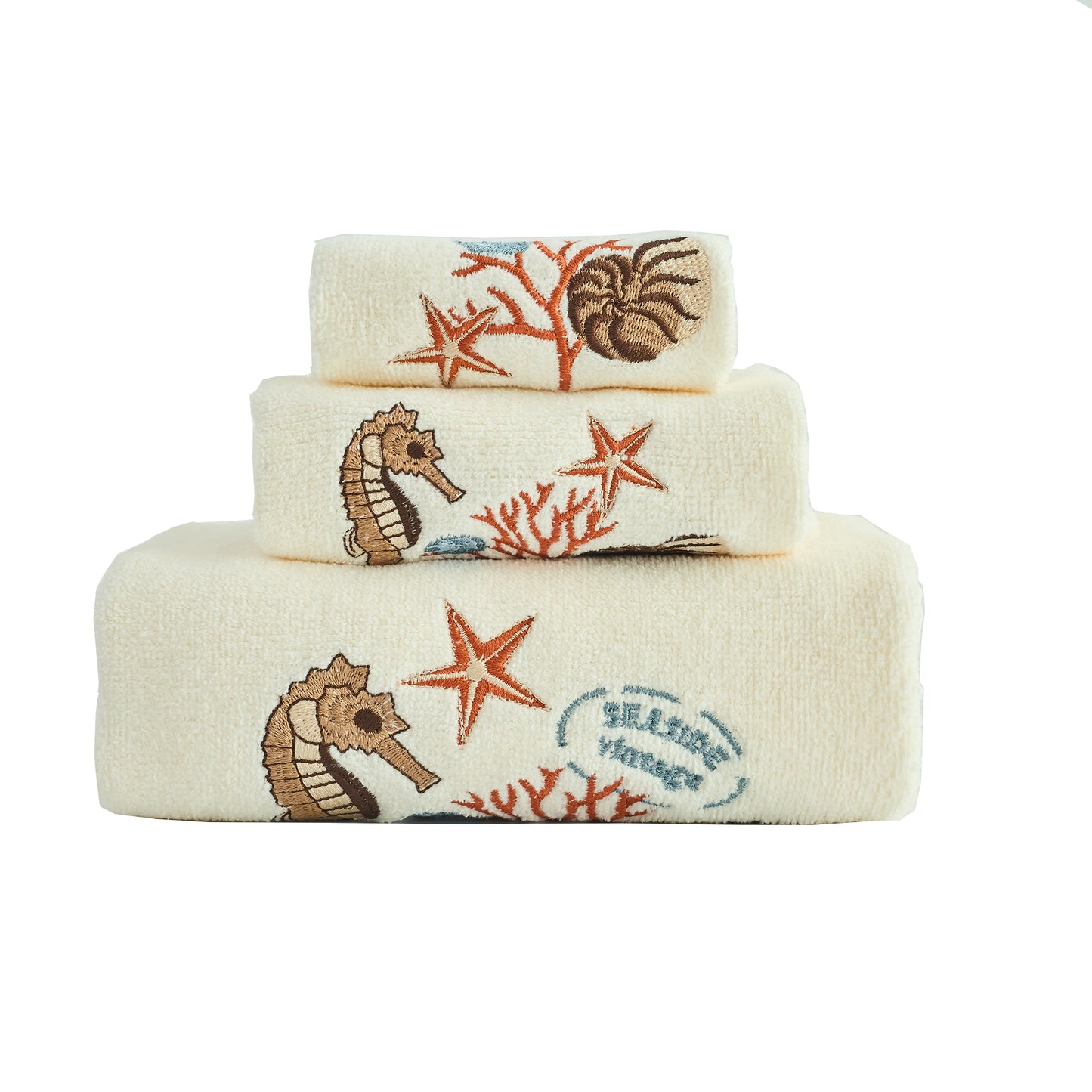 Premium Luxury Decor 100% Cotton Soft Bathroom Modern Embroidered 3 Piece Towel Set, Ocean Life Pattern
