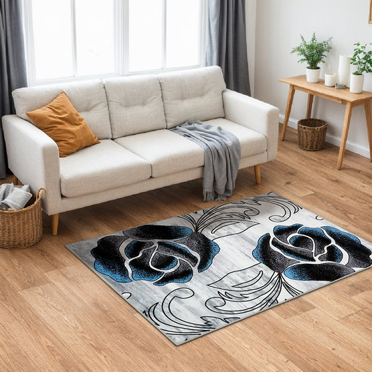Decor Non-Slip Back Soft Runner Area Carpet Floor Area Rug Indoor Accent Decorative Mat, Black Blue Rose Floral