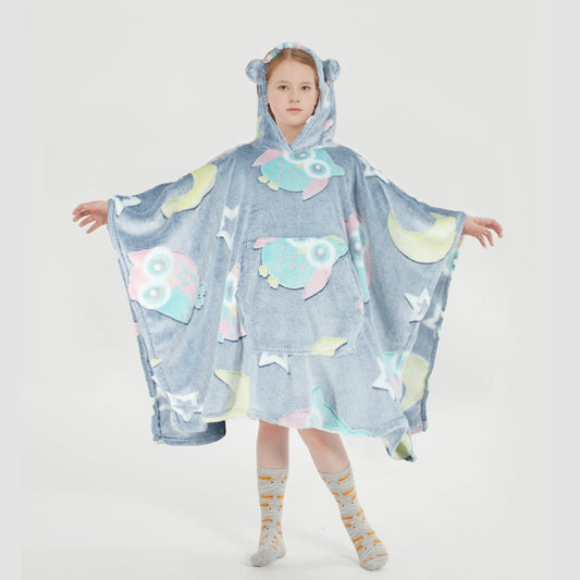 Glow in the Dark Kids Wearable Hoodie Blanket for Boys Girls Soft Warm Flannel Fleece Hooded Sweatshirt, 110 x 75 cm Owl