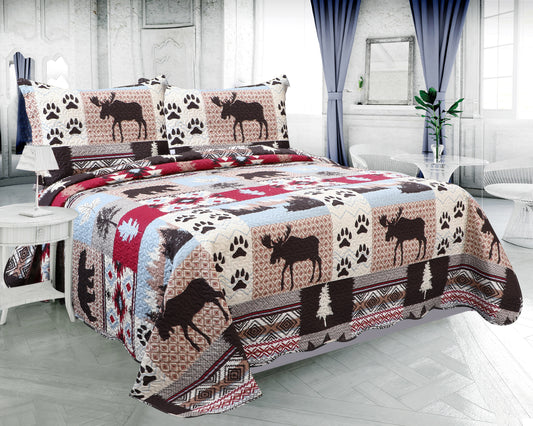 Printed Embossed Pinsonic Soft Bedding Summer Quilt Set, Cabin Moose Bear