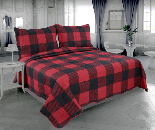 Printed Embossed Pinsonic Soft Bedding Summer Quilt Set, Red Black Plaid