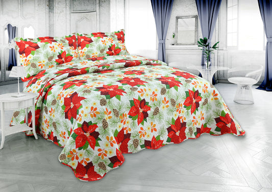 Printed Embossed Pinsonic Soft Bedding Summer Christmas Quilt Set, Red Poinsettia