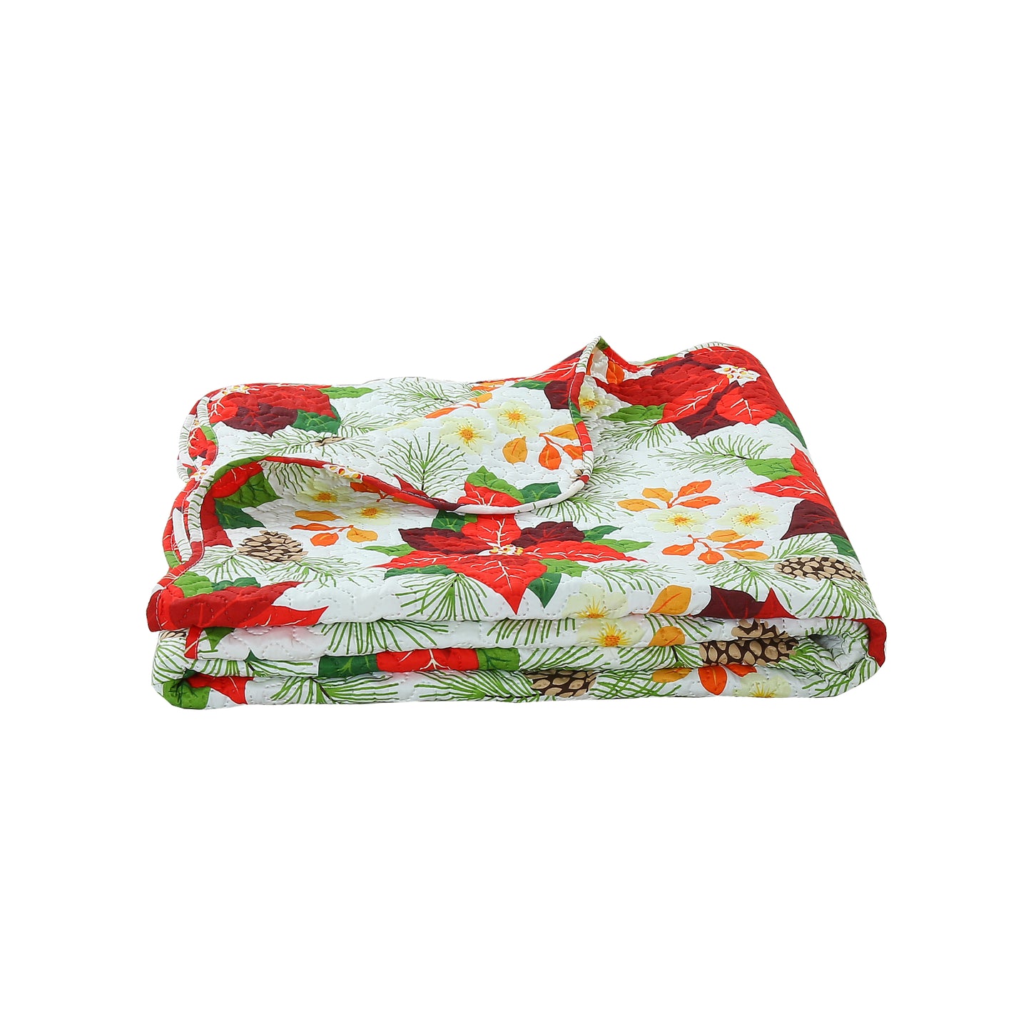 Printed Embossed Pinsonic Soft Bedding Summer Christmas Quilt Set, Red Poinsettia