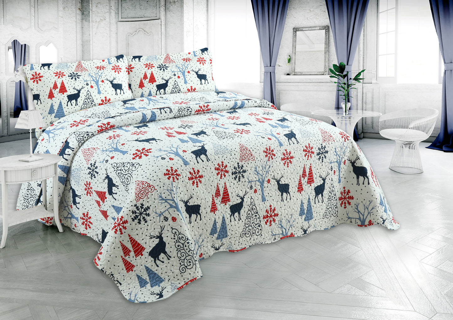 Printed Embossed Pinsonic Soft Bedding Summer Christmas Quilt Set, Xmas Reindeer