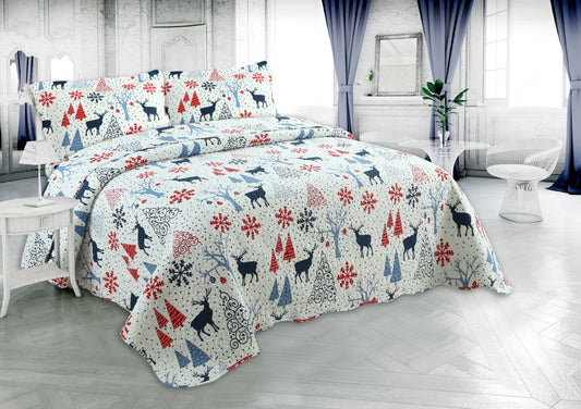 Printed Embossed Pinsonic Soft Bedding Summer Christmas Quilt Set, Xmas Reindeer