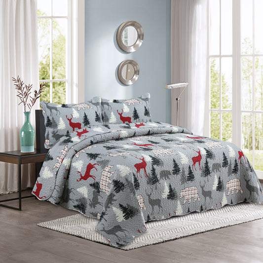 Printed Embossed Pinsonic Soft Bedding Summer Quilt Set, Cabin Reindeer Moose Bear