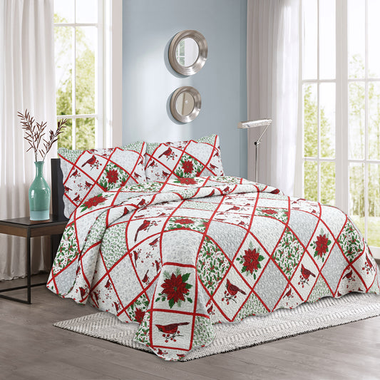 Printed Embossed Pinsonic Soft Bedding Summer Quilt Set, Christmas Red Cardinal Poinsettia