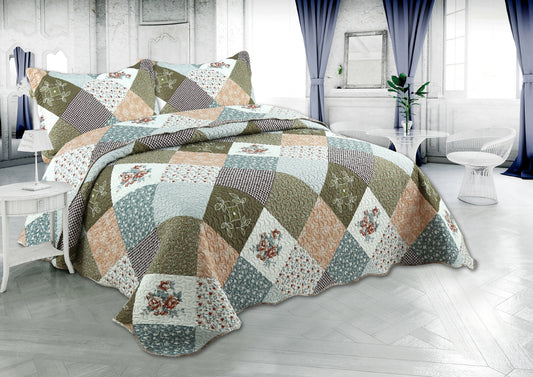 Printed Embossed Pinsonic Soft Bedding Summer Quilt Set, Modern Floral Plaid
