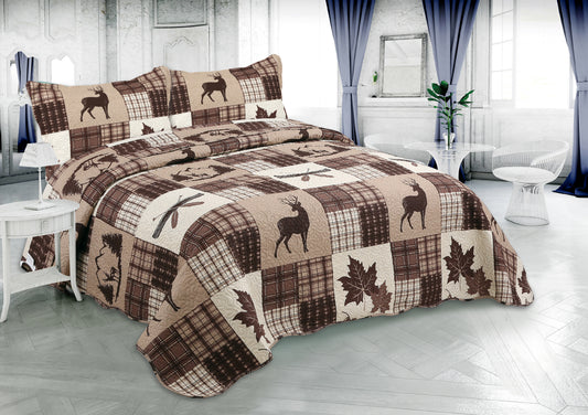 Printed Embossed Pinsonic Soft Bedding Summer Quilt Set, Brown Maple Deer Plaid