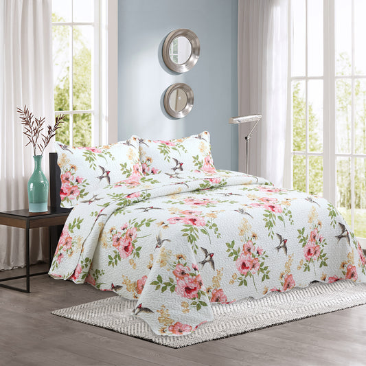 Printed Embossed Pinsonic Soft Bedding Summer Quilt Set, Pink Floral and Birds
