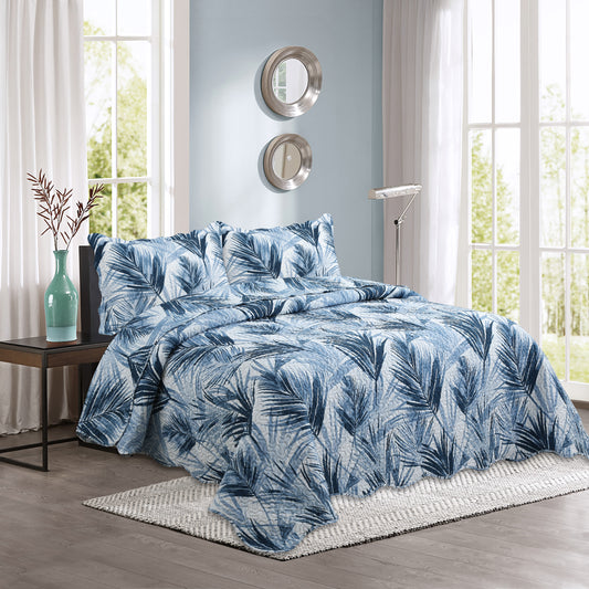 Printed Embossed Pinsonic Soft Bedding Summer Quilt Set, Modern Blue Leaves