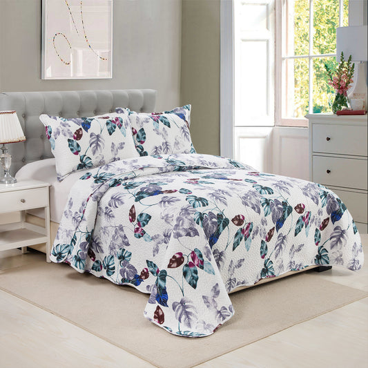 Printed Embossed Pinsonic Soft Bedding Summer Quilt Set, Modern Green Leaves