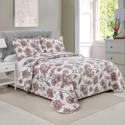 Printed Embossed Pinsonic Soft Bedding Summer Quilt Set, Taupe Paisley Floral