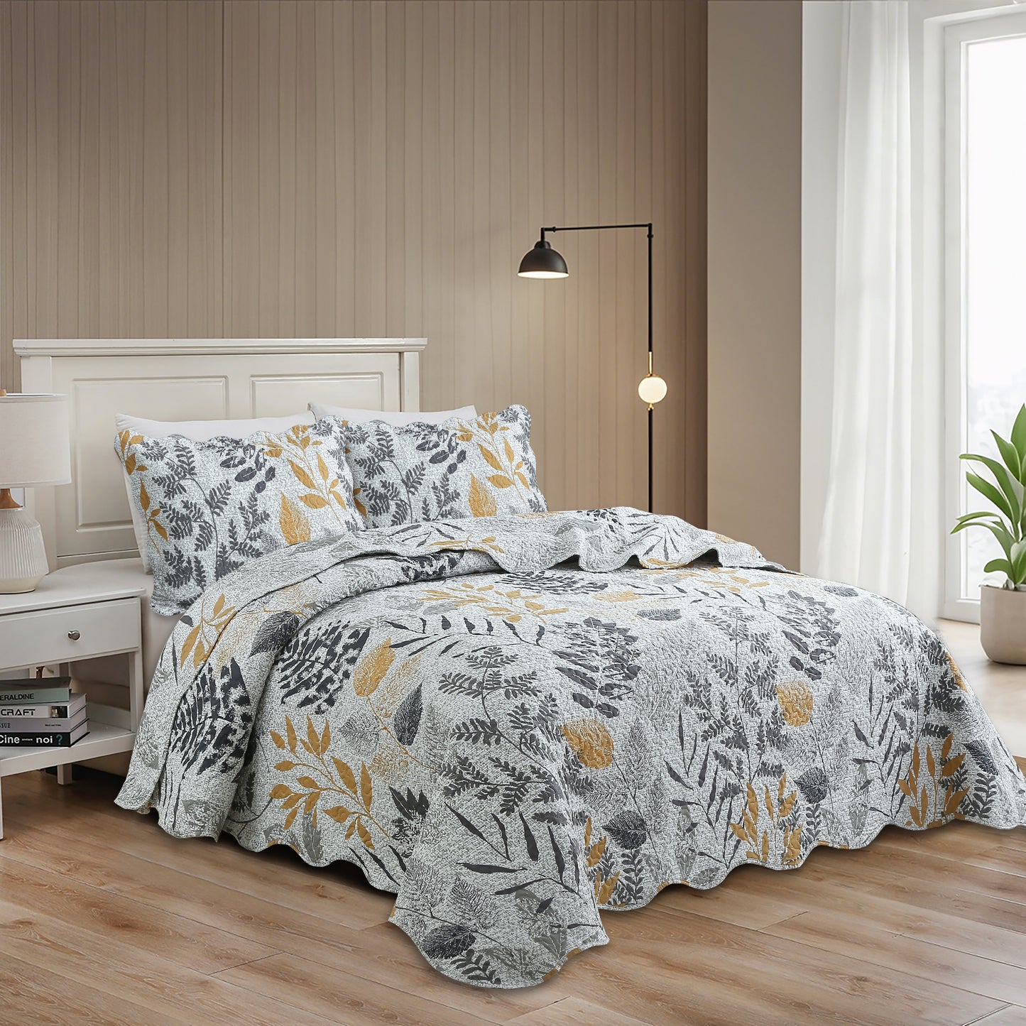 Printed Embossed Pinsonic Soft Bedding Summer Quilt Set, Modern Grey Yellow Leaves