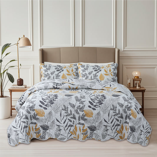Printed Embossed Pinsonic Soft Bedding Summer Quilt Set, Modern Grey Yellow Leaves