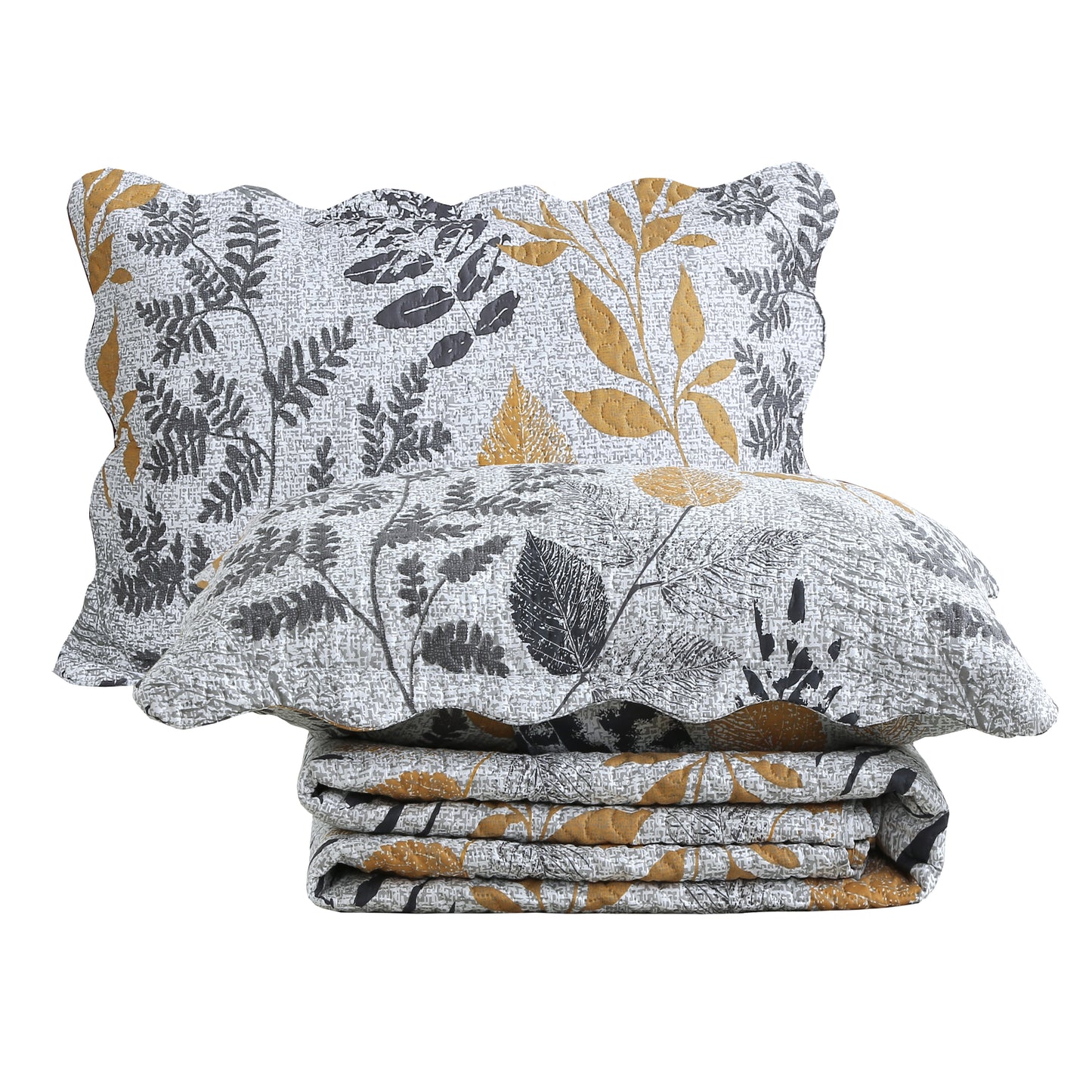 Printed Embossed Pinsonic Soft Bedding Summer Quilt Set, Modern Grey Yellow Leaves