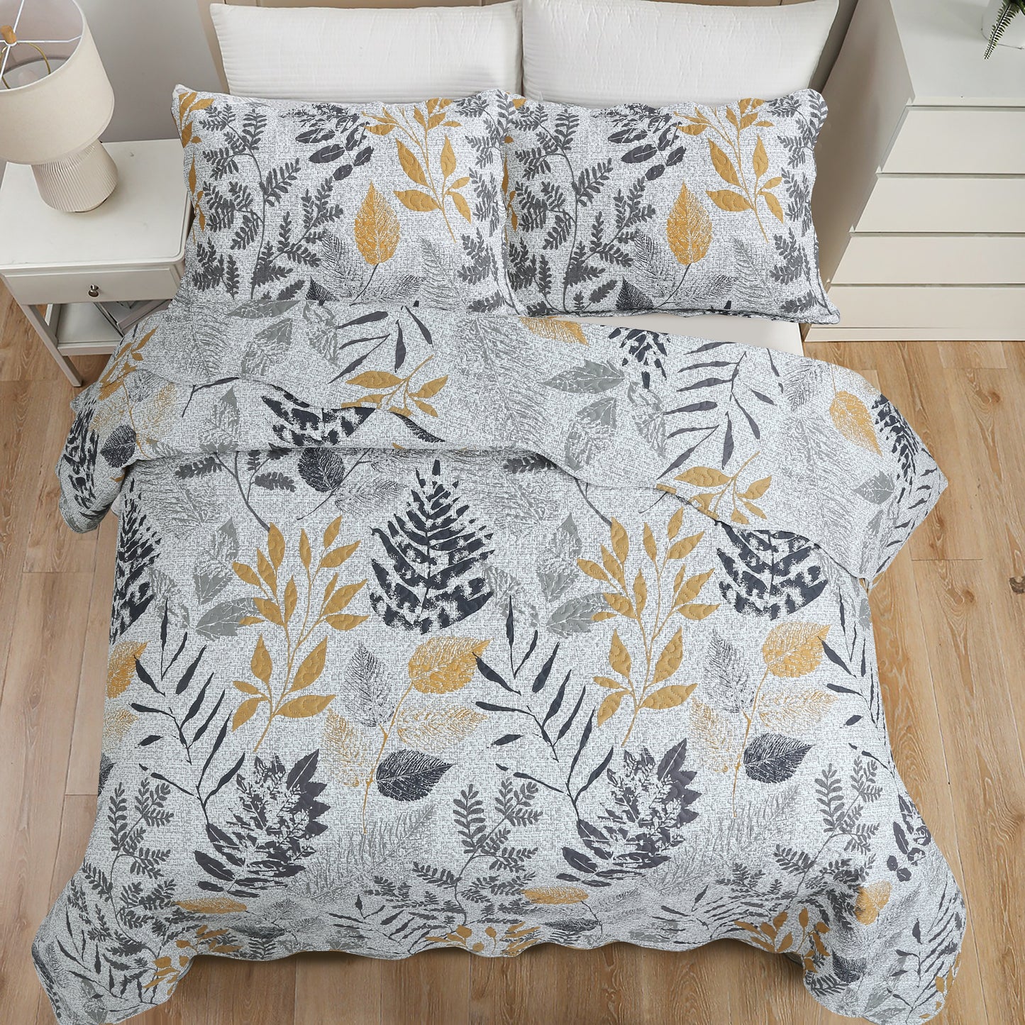 Printed Embossed Pinsonic Soft Bedding Summer Quilt Set, Modern Grey Yellow Leaves